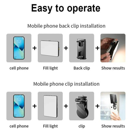 Desiontal Rechargeable Pocket Light for Photography and Shooting mobile phone clip installation diagram showing fill light, back clip, and results