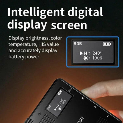 Desiontal Rechargeable Pocket Light for Photography and Shooting showing intelligent LCD screen with brightness, color temperature and battery indicators