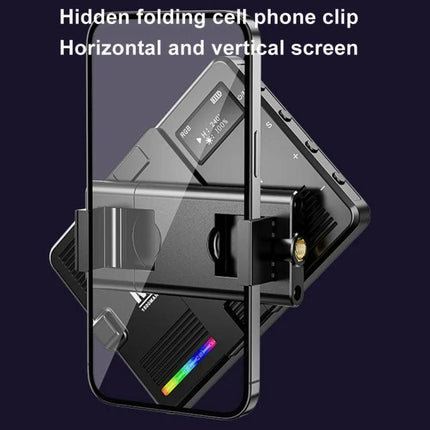 Desiontal Rechargeable Pocket Light for Photography and Shooting with hidden folding phone clip shown holding smartphone in horizontal and vertical positions