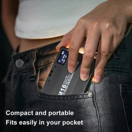 Desiontal Rechargeable Pocket Light for Photography and Shooting compact pocket fill light with LCD display being placed in jeans pocket