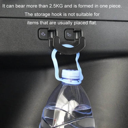 Tesla Model Y Trunk Seat Button Hook For Extra Hanging Space showing ABS one-piece hook holding a water bottle in trunk without altering seat function