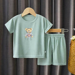 Boys Cool Ice Silk Summer Outfit: T-Shirt and Shorts Set Lake Green 120cm