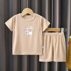 Boys Cool Ice Silk Summer Outfit: T-Shirt and Shorts Set Khaki 140cm