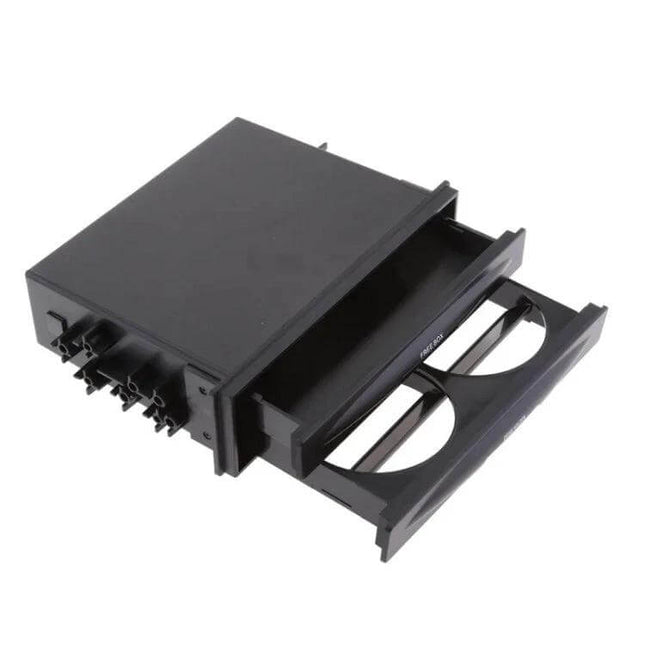 Car Audio Storage Box Cup Holder With Double Layer black plastic double-layer car audio storage with cup holders and small item drawer