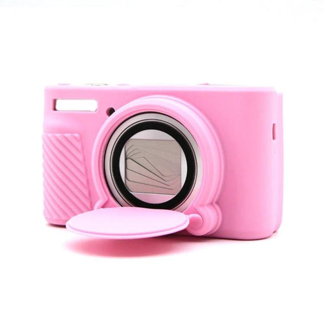 Soft Silicone Protective Case for Canon Cameras pink silicone case on camera with lens cap open, scratch and dust protection