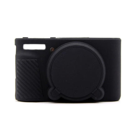 Soft Silicone Protective Case for Canon Cameras in black fitted on compact camera, protects body and lens while allowing button access