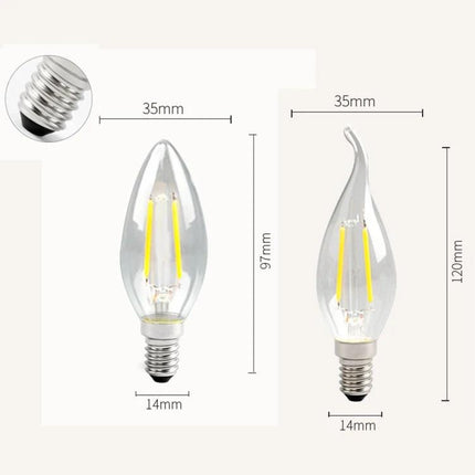 Vintage LED Chandelier Lights for Home Atmosphere Settings - clear flame-tip and curved LED filament bulbs with E14 base, dimensions 35x97mm and 35x120mm