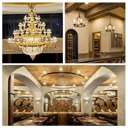Vintage LED Chandelier Lights for Home Atmosphere Settings showcasing ornate chandeliers and pendant lighting in dining and lounge spaces