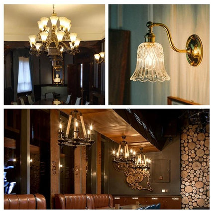 Vintage LED Chandelier Lights for Home Atmosphere Settings - vintage chandeliers and wall sconce creating warm, dimmable home and cafe ambiance