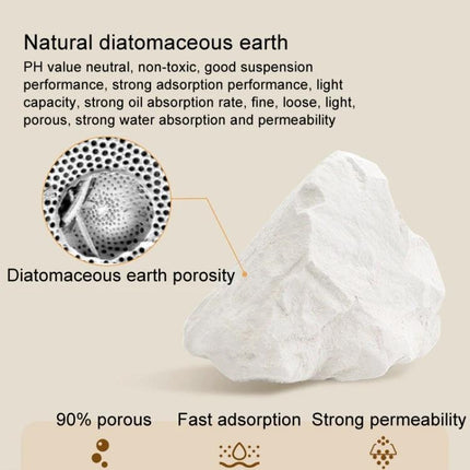 HAZAI Spoon for Keeping Pet Food Dry in Daily Use diatomaceous earth scoop showing porous white powder and porosity info