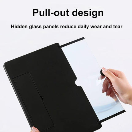 14-Inch Pull-Out Folding Phone Screen Magnifier with Anti-Blue Light showing pull-out magnifying lens being extended from black folding case