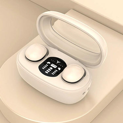 Compact Mini Wireless Earbuds For Commuting And Sleep in white with rectangular noise-reduction case and Bluetooth 5.3 display