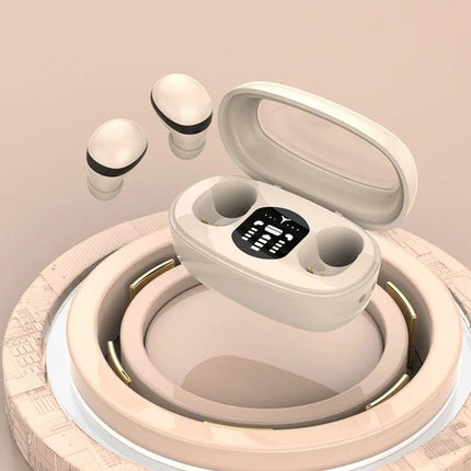 Compact Mini Wireless Earbuds For Commuting And Sleep showing sleek cream earbuds and rectangular charging case for travel