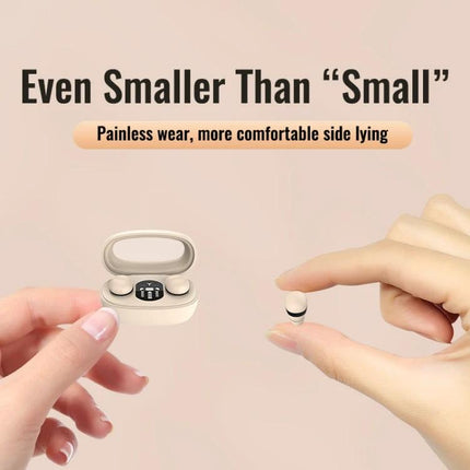 Compact Mini Wireless Earbuds For Commuting And Sleep shown with tiny beige earbuds and rectangular charging case for comfort