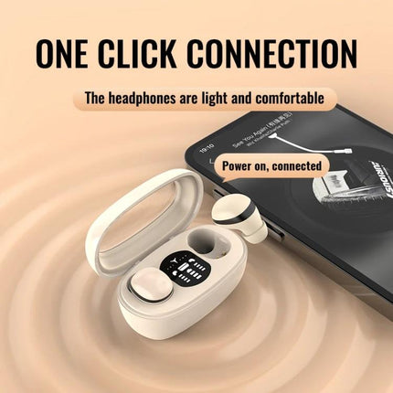 Compact Mini Wireless Earbuds For Commuting And Sleep showing white mini13s TWS in open charging case beside smartphone, one-click connection