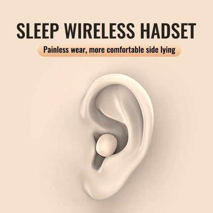 Compact Mini Wireless Earbuds For Commuting And Sleep shown in ear, sleep-friendly TWS design with rectangular noise-reduction bin comfort