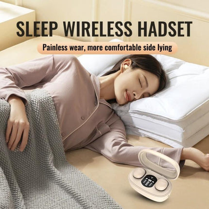 Compact Mini Wireless Earbuds For Commuting And Sleep shown in a sleep-friendly scene with compact case and side-lying comfort