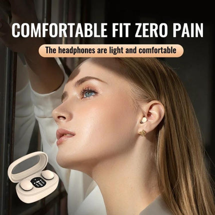 Compact Mini Wireless Earbuds For Commuting And Sleep showcasing a woman wearing mini13s earbuds with charging case