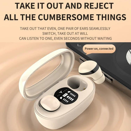 Compact Mini Wireless Earbuds For Commuting And Sleep shown with rectangular noise‑reduction charging case and earbuds near smartphone