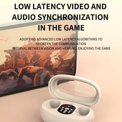 Compact Mini Wireless Earbuds For Commuting And Sleep shown with open charging case in front of gaming tablet emphasizing low latency audio