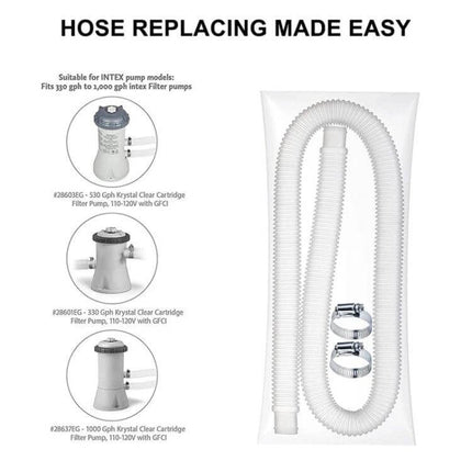 Pool Hose Replacement Kit For Above-Ground Filter Pump with 1.5m corrugated hose and metal clamps for easy DIY repair