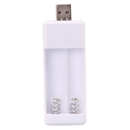 Portable USB Charger for AA and AAA Rechargeable Batteries, 2 Slots - compact white 2-slot USB battery charger for travel and toys