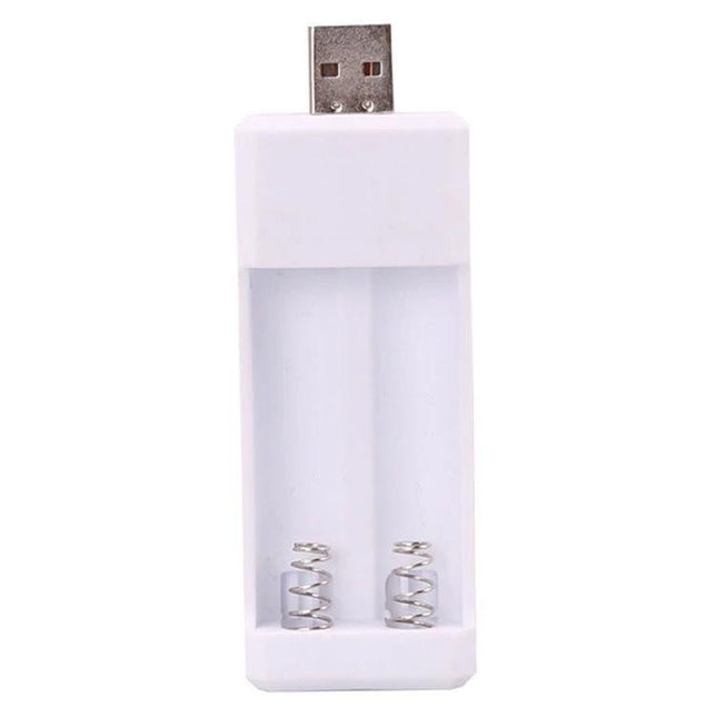 Portable USB Charger for AA and AAA Rechargeable Batteries, 2 Slots - compact white 2-slot USB battery charger for travel and toys