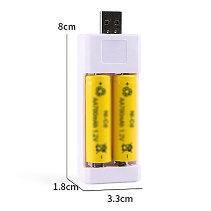 Portable USB Charger for AA and AAA Rechargeable Batteries, 2 Slots - compact white 2-slot USB battery charger with AA cells