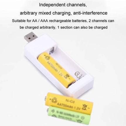 Portable USB Charger for AA and AAA Rechargeable Batteries, 2 Slots shown charging AA battery with USB plug and two spare batteries