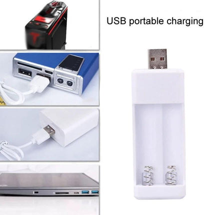 Portable USB Charger for AA and AAA Rechargeable Batteries, 2 Slots - compact white USB battery charger for travel, remote controls, toys, keyboards