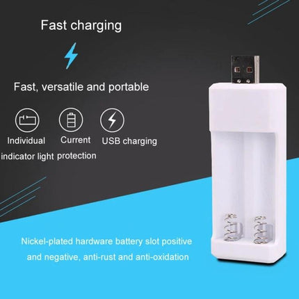 Portable USB Charger for AA and AAA Rechargeable Batteries, 2 Slots - compact white USB 2-slot charger for AA and AAA batteries, fast portable charging