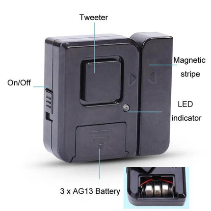 Wireless Magnetic Door and Window Alarm for Home Security showing black sensor, magnetic stripe, LED indicator and battery compartment