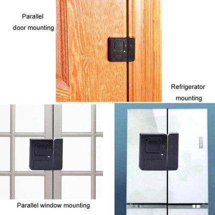 Wireless Magnetic Door and Window Alarm for Home Security mounted on wooden door, window grid, and refrigerator showing parallel mounting options