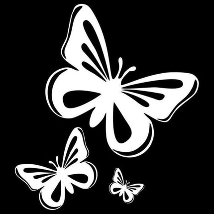 Butterfly Hollow Decorative Stickers for Car Fuel Tanks, Set of 3 shown as three white hollow butterfly decals on black background