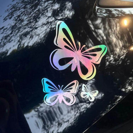 Butterfly Hollow Decorative Stickers for Car Fuel Tanks, Set of 3 - iridescent butterfly hollow decals on black fuel tank