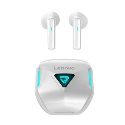 Lenovo Wireless Earbuds For Commuting Workouts And Gaming white Bluetooth 5.3 earbuds with charging case and low-latency audio