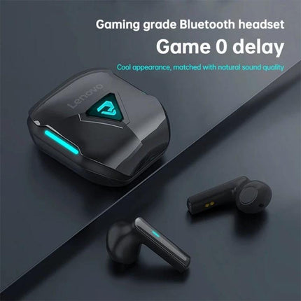 Lenovo Wireless Earbuds For Commuting Workouts And Gaming sleek black earbuds and charging case showcasing low latency gaming design