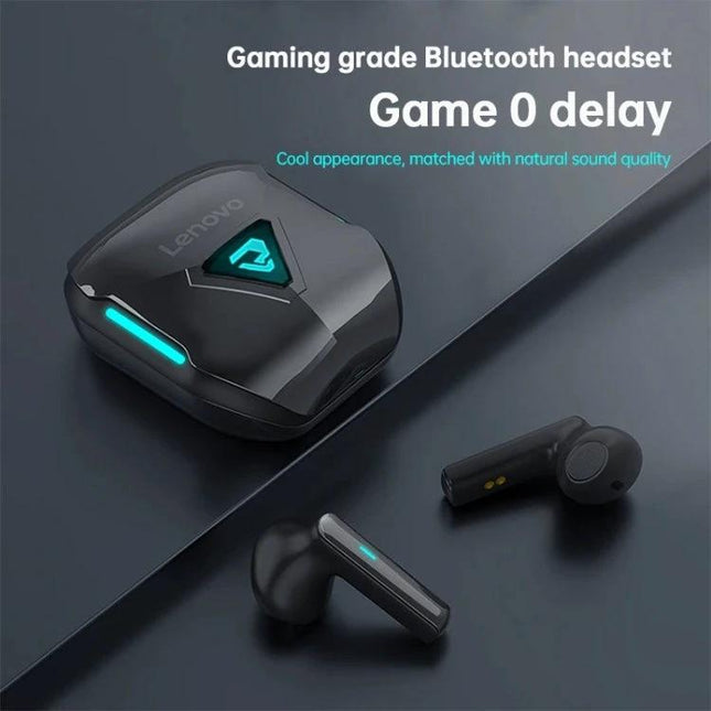 Lenovo Wireless Earbuds For Commuting Workouts And Gaming sleek black earbuds and charging case showcasing low latency gaming design