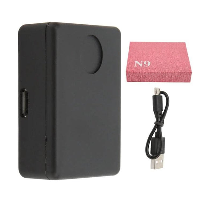 Portable Voice-Activated Anti-Theft Alarm Locator Device compact black unit with USB cable and pink box, voice-activated home car bag security detector