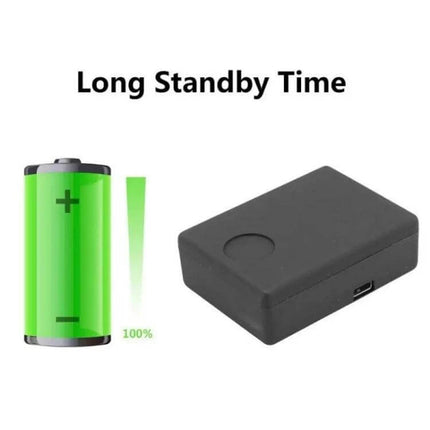 Portable Voice-Activated Anti-Theft Alarm Locator Device showing long standby time with battery icon and compact black unit