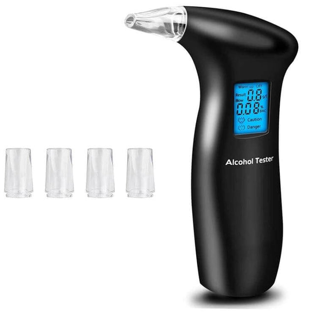 Portable Breath Alcohol Tester with LCD Backlight Display showing blue LCD screen and mouthpieces, compact black handheld alcohol tester
