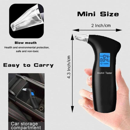 Portable Breath Alcohol Tester with LCD Backlight Display - compact blue-backlit handheld alcohol tester, quick 5s semiconductor sensor for safe driving
