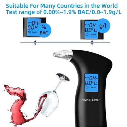Portable Breath Alcohol Tester with LCD Backlight Display showing blue LCD, fast 5s response and BAC readout