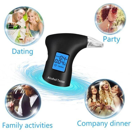 Portable Breath Alcohol Tester with LCD Backlight Display showing blue backlit screen and mouthpiece for quick 5s semiconductor detection