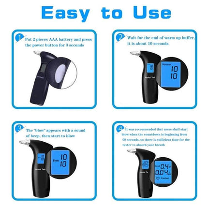 Portable Breath Alcohol Tester with LCD Backlight Display showing blue backlit screen and step-by-step easy-to-use instructions