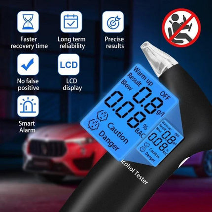 Portable Breath Alcohol Tester with LCD Backlight Display handheld device showing blue LCD readings and icons for fast 5s response