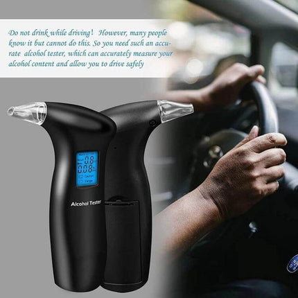 Portable Breath Alcohol Tester with LCD Backlight Display showing blue LCD, dual mouthpieces and driver checking steering wheel