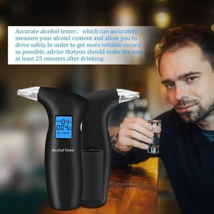 Portable Breath Alcohol Tester with LCD Backlight Display showing blue LCD reading next to man holding a shot, black handheld device, fast 5s semiconductor sensor