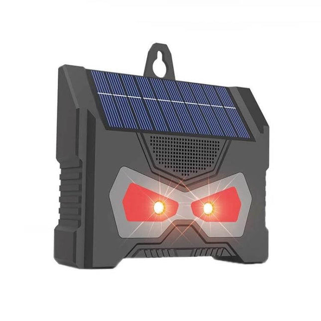 Outdoor Ultrasonic Solar Mouse Repeller With LED Flash mounted solar-powered pest deterrent with night strobe LED and ultrasonic speaker