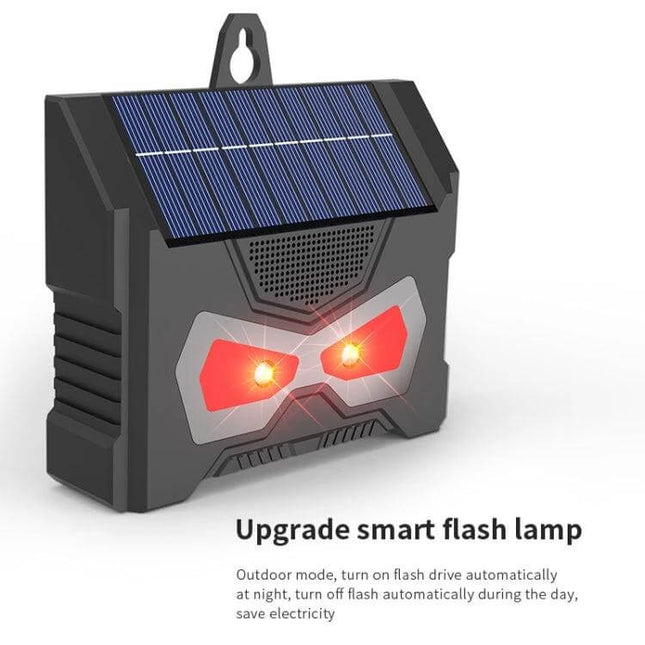 Outdoor Ultrasonic Solar Mouse Repeller With LED Flash mounted solar pest deterrent with red night strobe and daytime ultrasonic speaker